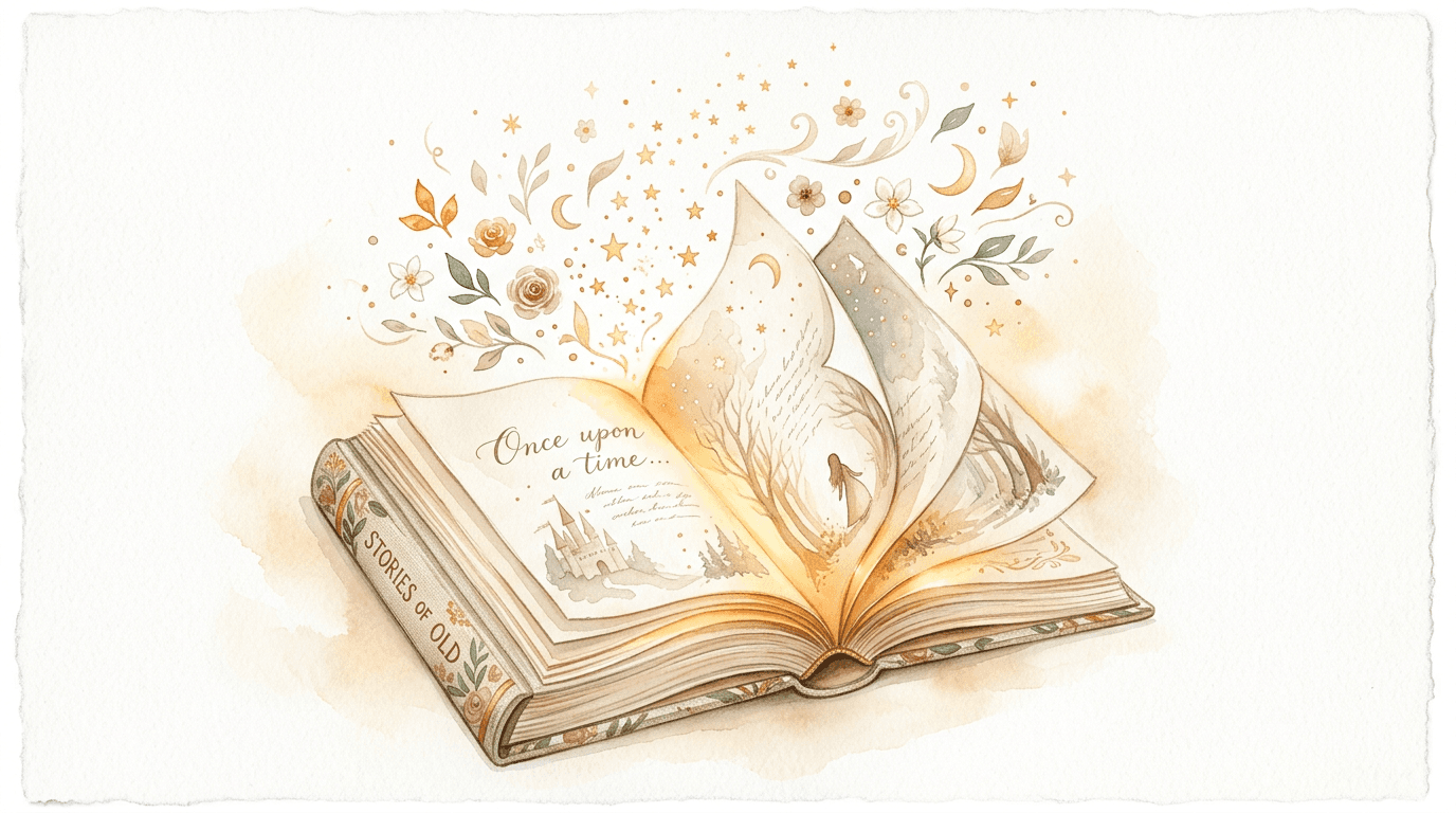 An open storybook resting on linen with a warm reading light