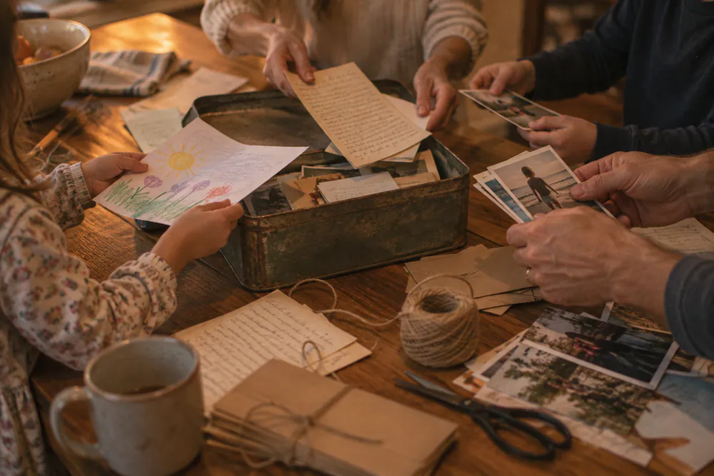 AI-generated photo: a family’s hands fill an old tin box with letters, photos and a child’s drawing on a wooden table.
