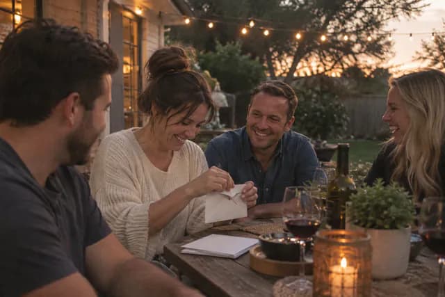 AI-generated photo: four friends at an outdoor table at dusk, under string lights, laugh while one of them seals an envelope.