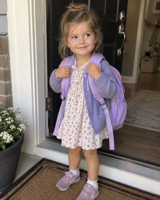 AI-generated photo: a little girl with a lavender backpack stands in her front doorway on her first day of preschool.