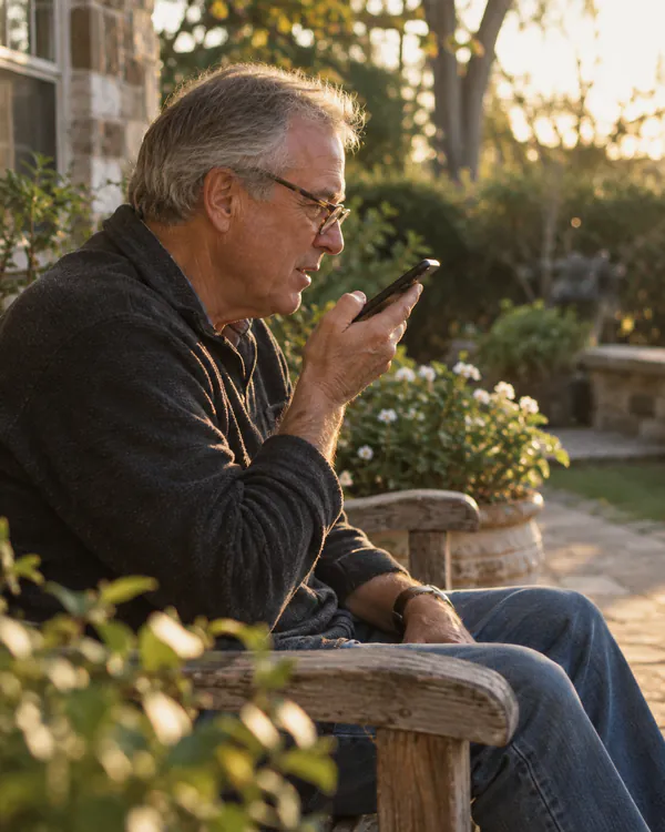 AI-generated photo: an older man in glasses sits on a garden bench in evening light, recording a voice message on his phone.