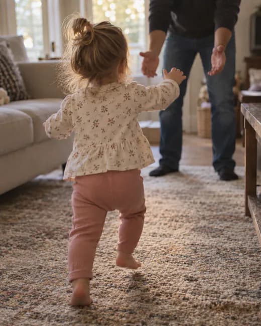 AI-generated photo: a toddler takes her first steps across a living-room rug toward a parent’s outstretched hands.