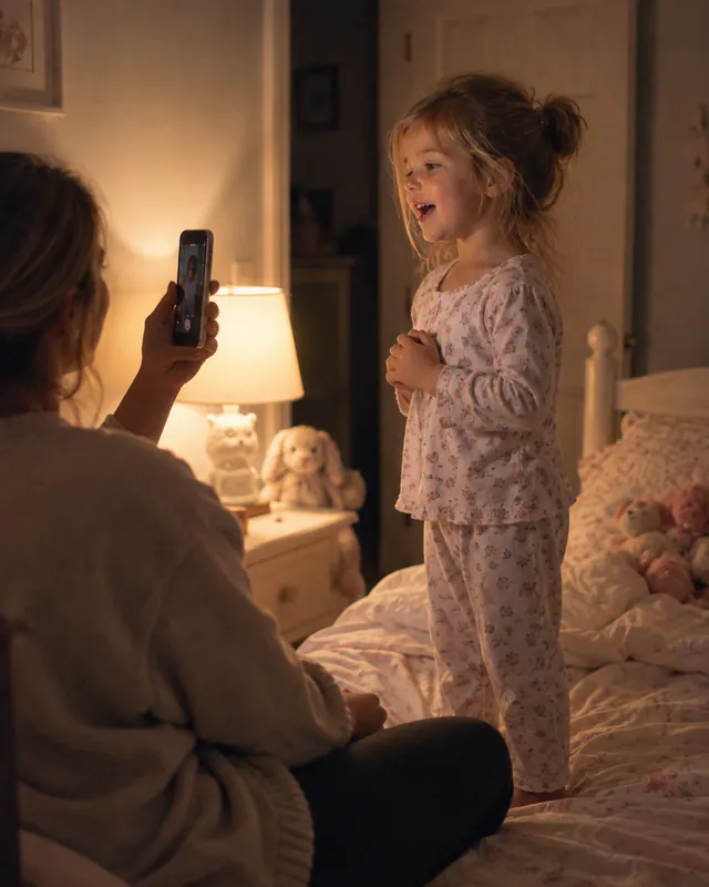 AI-generated photo: a parent holds up a phone to record a little girl in pajamas standing on her bed and talking.