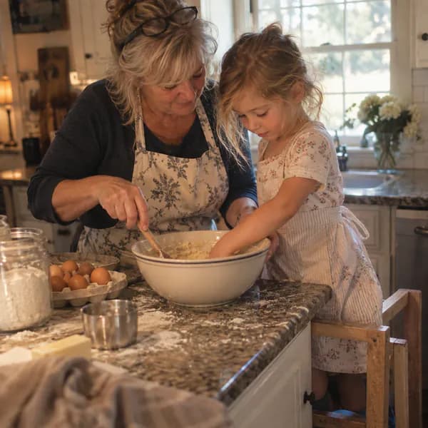 AI-generated photo: a grandmother and her granddaughter stir a bowl of batter together at a kitchen counter.