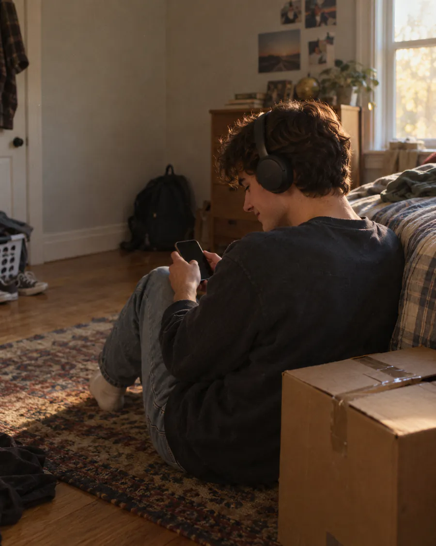AI-generated photo: a teenage boy in headphones sits on his bedroom floor against the bed, a taped moving box beside him, looking down at his phone.