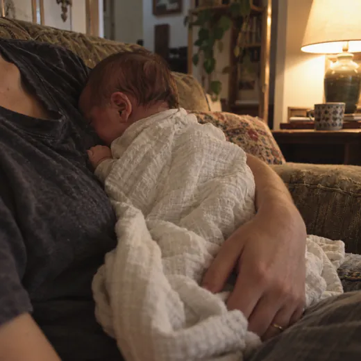 AI-generated photo: a newborn asleep on a parent’s chest under a muslin blanket, on a couch by lamplight.