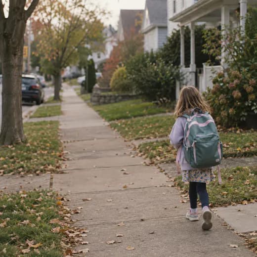 AI-generated photo: a young girl with a big backpack walks down a leafy autumn sidewalk, seen from behind.