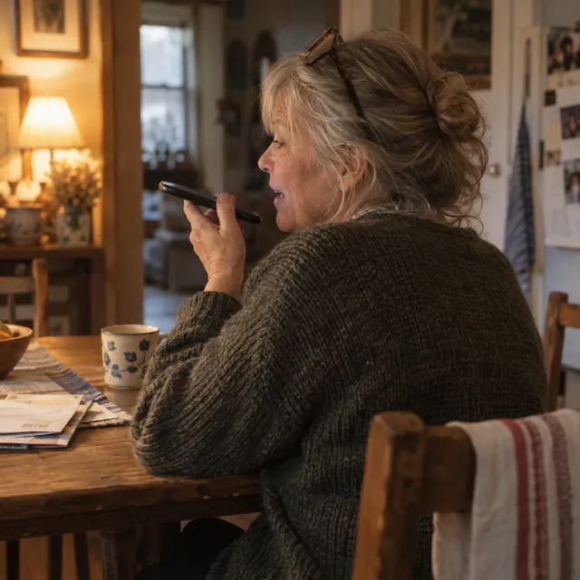 AI-generated photo: a grandmother at her kitchen table holds her phone close to her mouth and records a voice message.