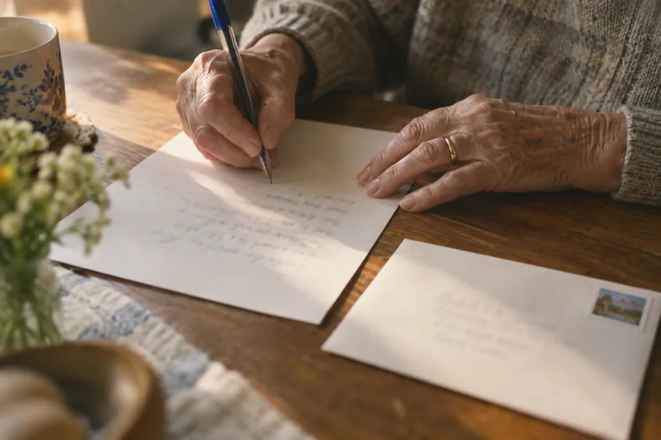 AI-generated photo: a grandmother's hands writing a letter at her kitchen table, an envelope beside the page.