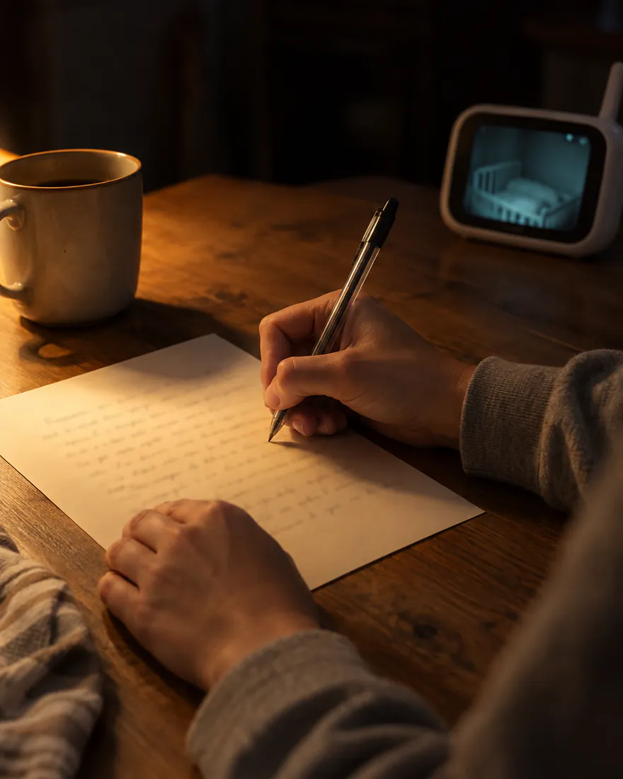 AI-generated photo: a parent's hands writing a letter at a kitchen table at night, a baby monitor glowing beside the page.