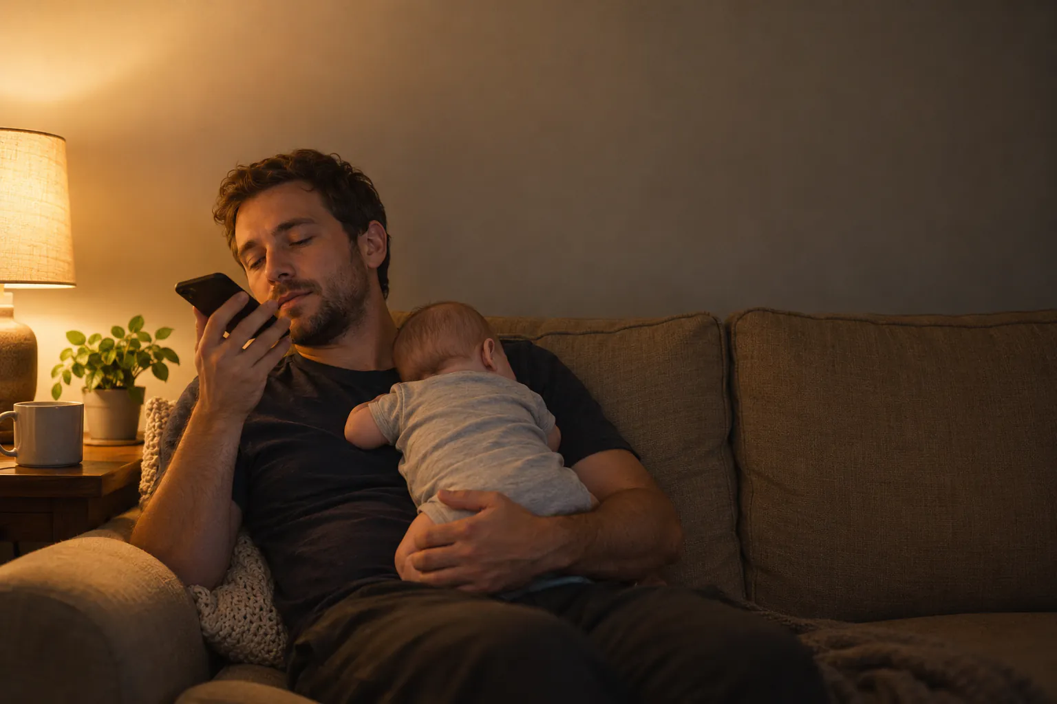 AI-generated photo: a dad on a couch at night, talking quietly into his phone, a baby asleep on his chest.