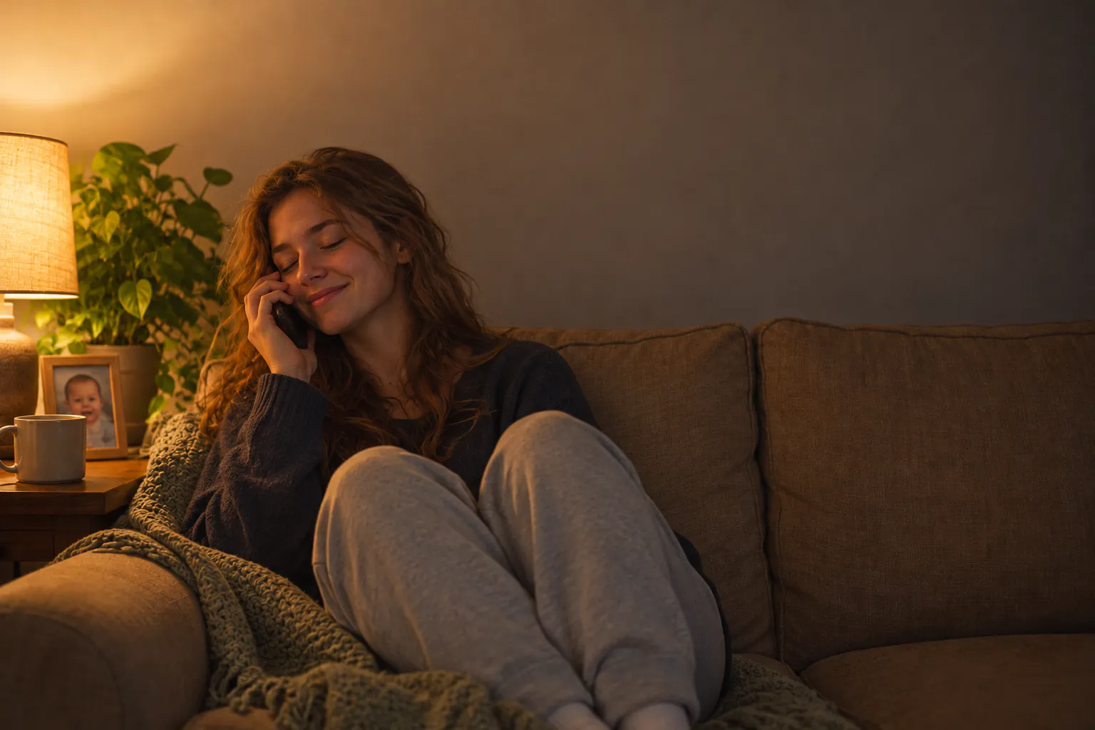 AI-generated photo: a young woman on the same couch years later, phone at her ear, eyes closed, smiling.