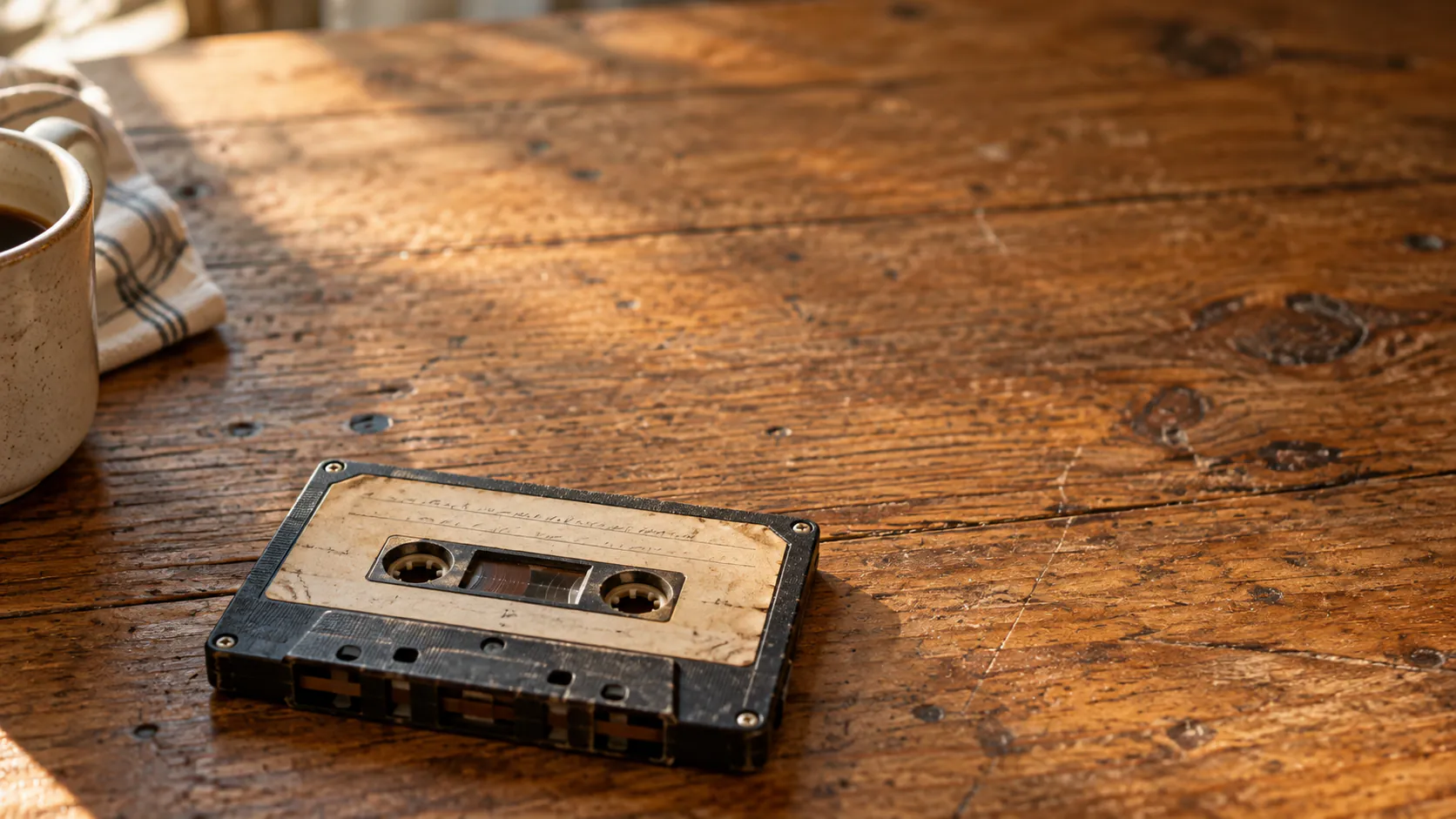 AI-generated photo: an old cassette tape on a wooden kitchen table in morning light.