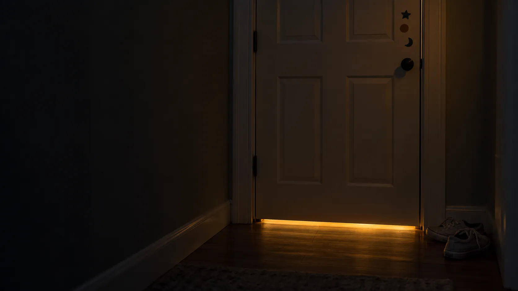 AI-generated photo: a closed bedroom door at night, light glowing under it.