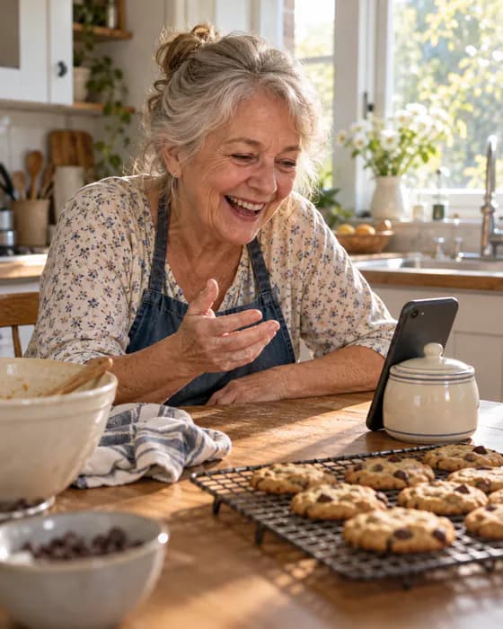 AI-generated photo: a grandmother at her kitchen table, laughing as she records on her phone.