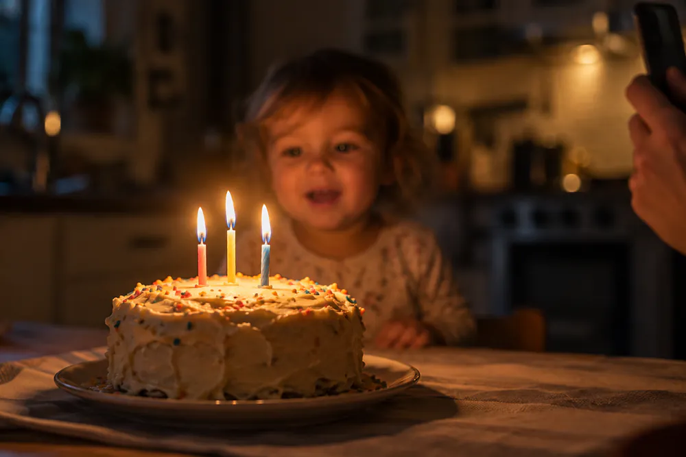 AI-generated photo: a small birthday cake with three lit candles, a toddler behind it, and a parent's hand holding up a phone.