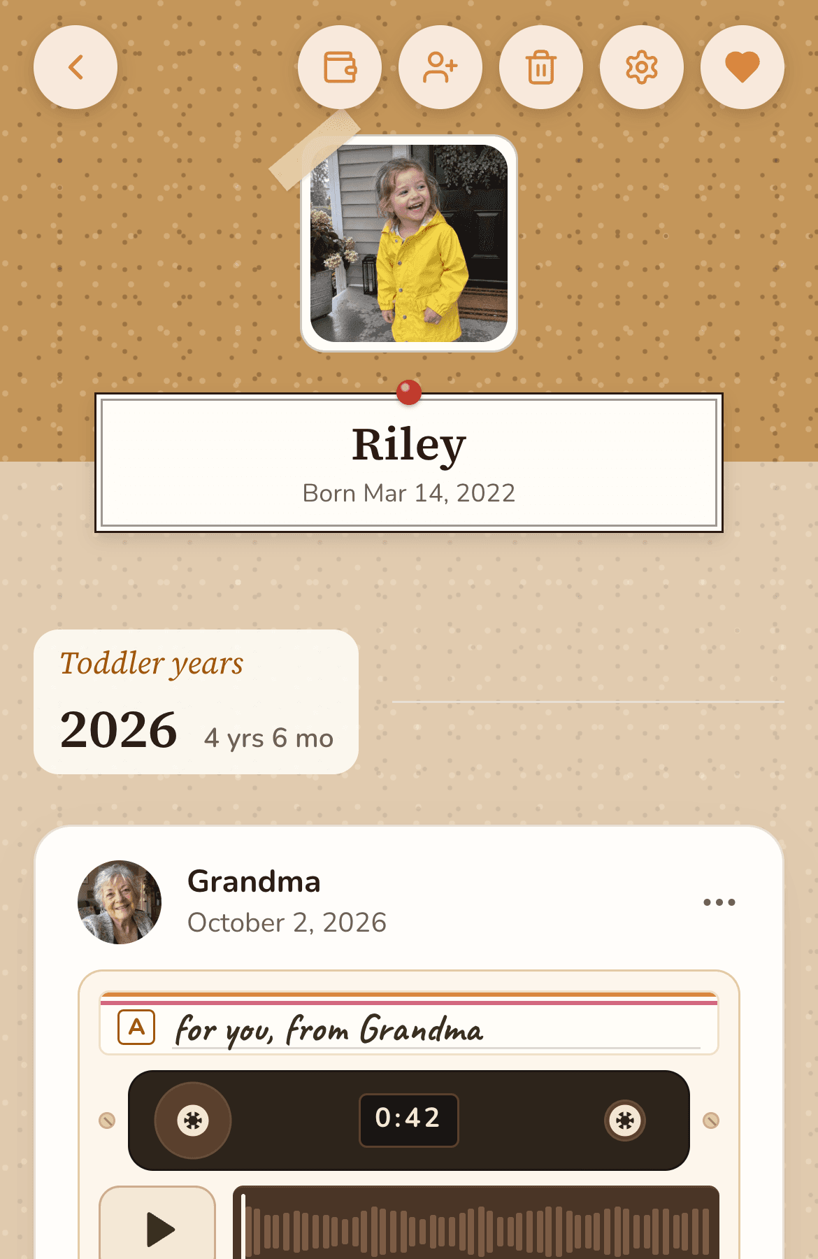 Sample timeline, photos AI-generated: the top of Riley’s timeline in the Corkboard theme, her photo pinned to a cork cover.
