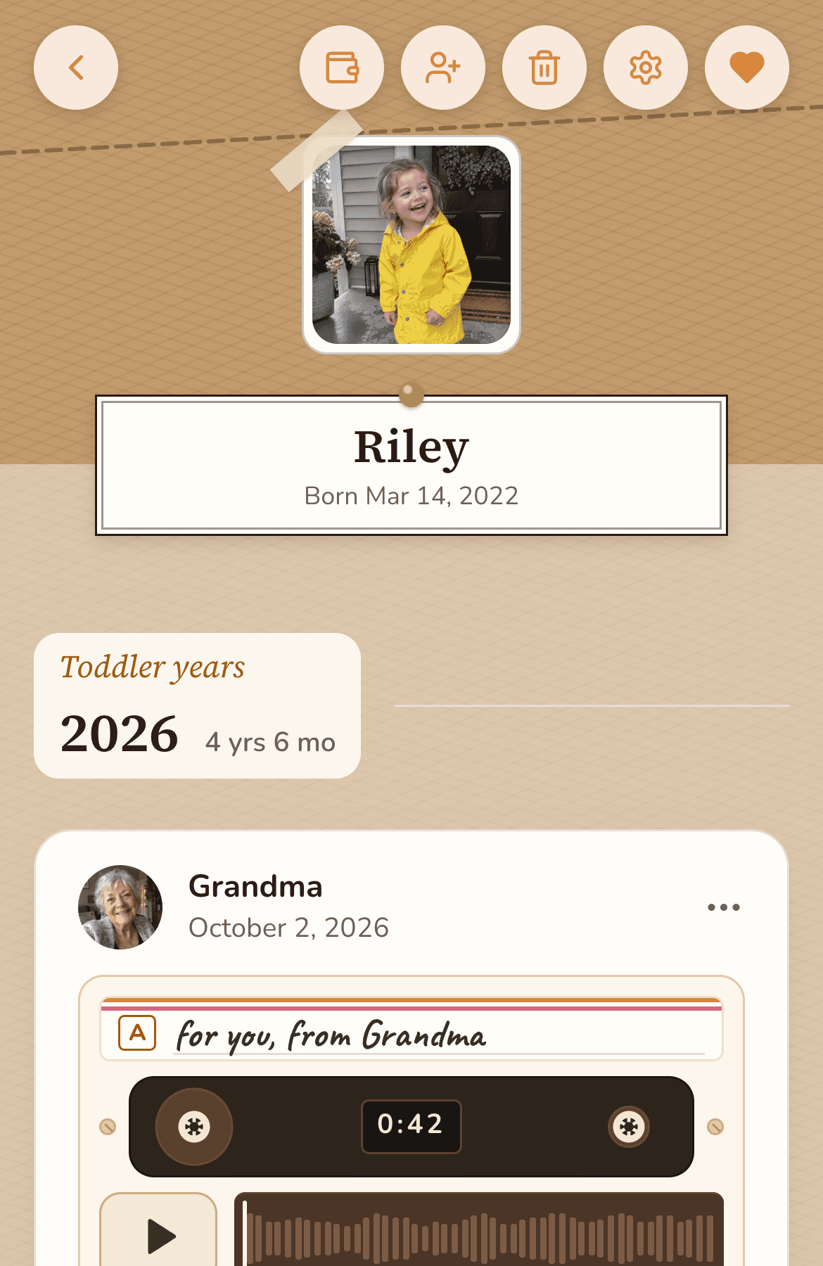 Sample timeline, photos AI-generated: the top of Riley’s timeline in the Kraft & Twine theme, her photo on brown paper strung with twine.