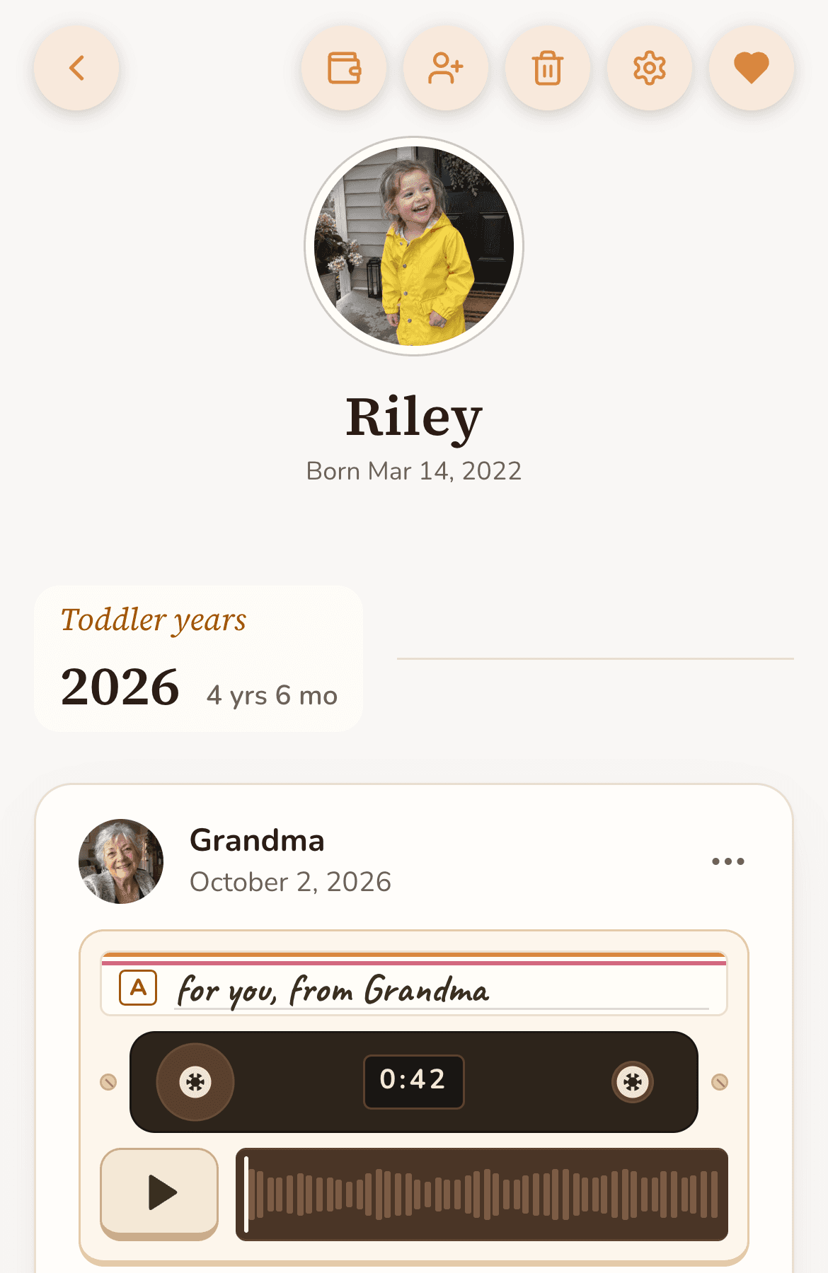 Sample timeline, photos AI-generated: the top of Riley’s timeline in the Original theme, her photo above the first post.
