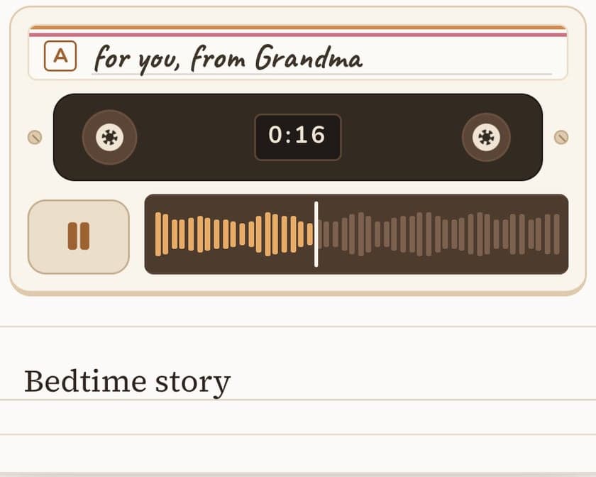 Sample timeline, photos AI-generated: a voice note from Grandma on Riley’s timeline, playing on the Cassette player: Bedtime story.