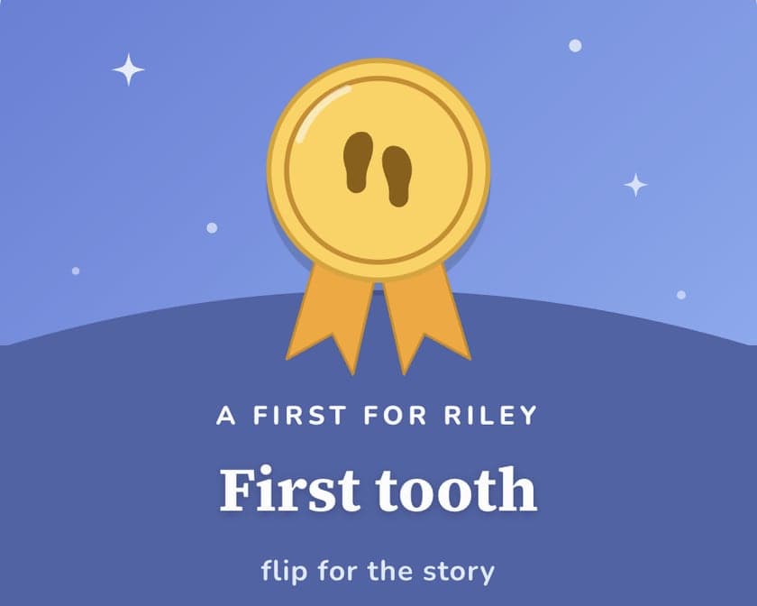 Sample timeline, photos AI-generated: a First tooth milestone on Riley’s timeline, shown as a gold medal.