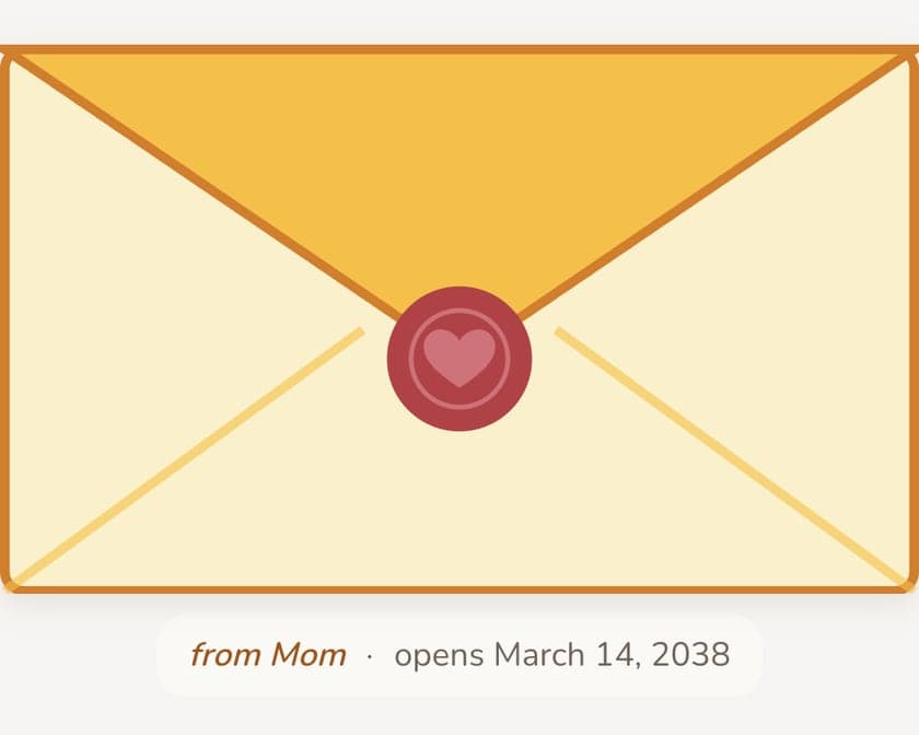 Sample timeline, photos AI-generated: a sealed letter from Mom on Riley’s timeline, a closed envelope that opens March 14, 2038.