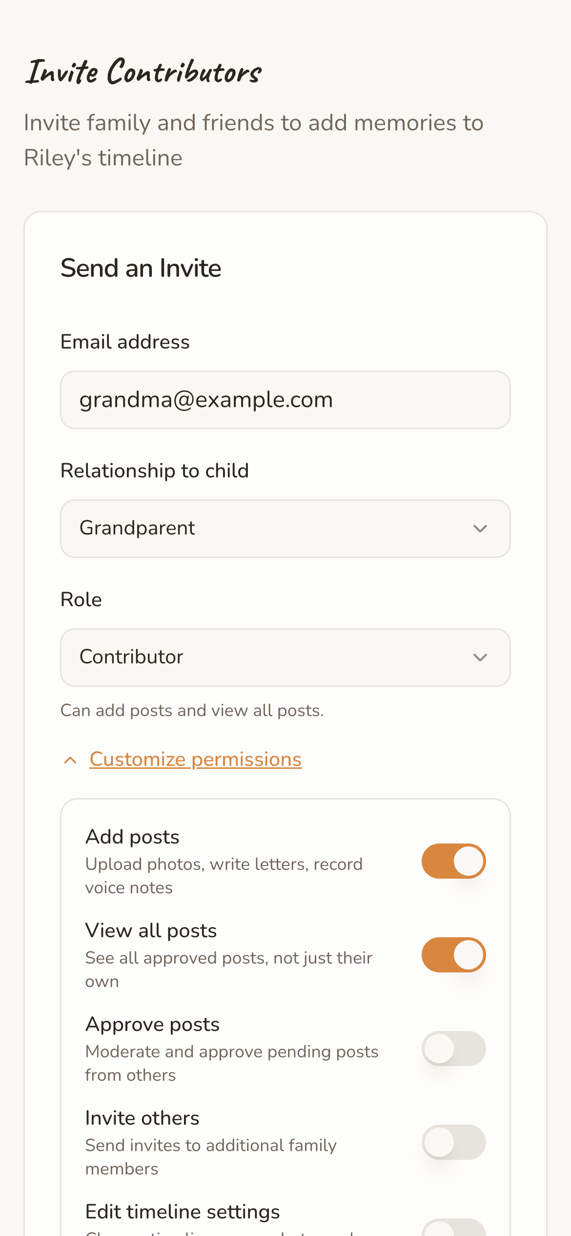 Sample timeline, photos AI-generated: inviting Grandma to Riley’s timeline by email, as a grandparent with the Contributor role.
