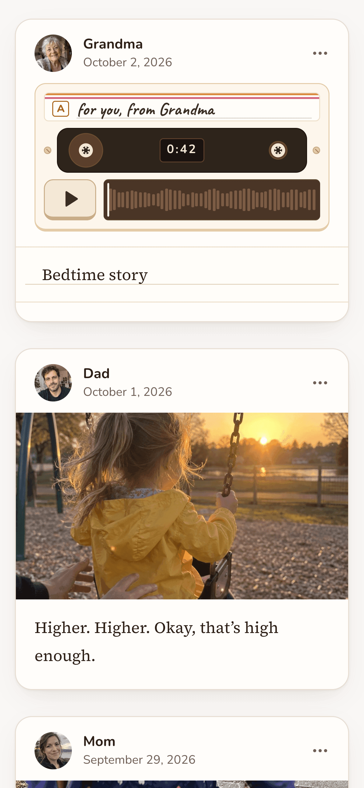 Sample timeline, photos AI-generated: Riley’s private FM2Y timeline on a phone, with a bedtime-story voice note from Grandma, a swing photo from Dad and a rain-boots photo from Mom.