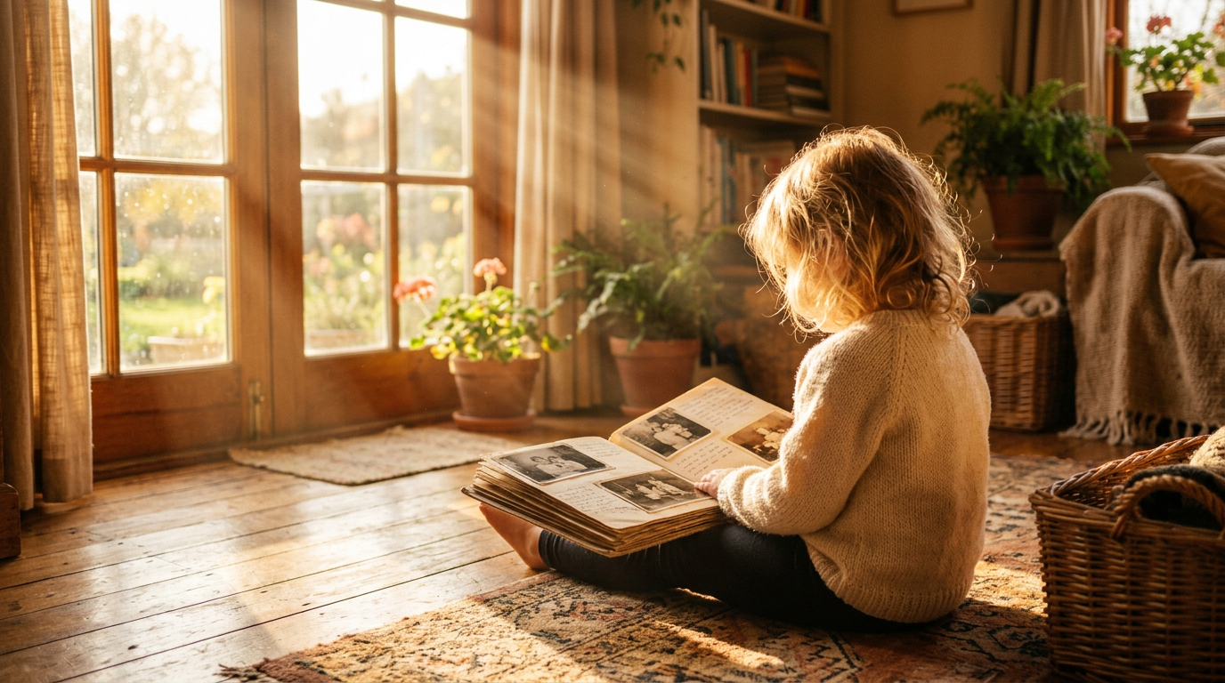 A child with a family photo album